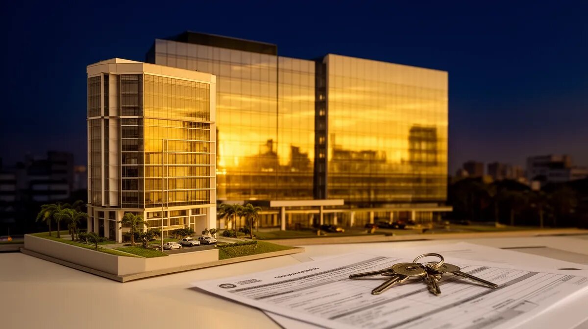 Edifício comercial ao entardecer com maquete, documentos e chaves de imóvel em primeiro plano
