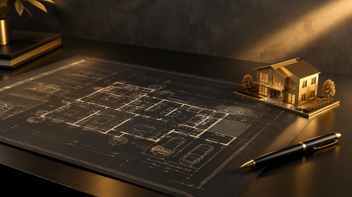 Planta de casa e maquete dourada sobre mesa escura