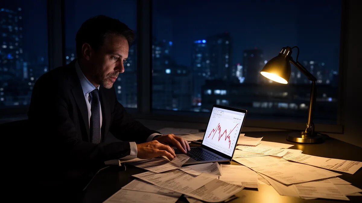 Empresário à noite analisando gráfico em queda no notebook, com contas sobre a mesa