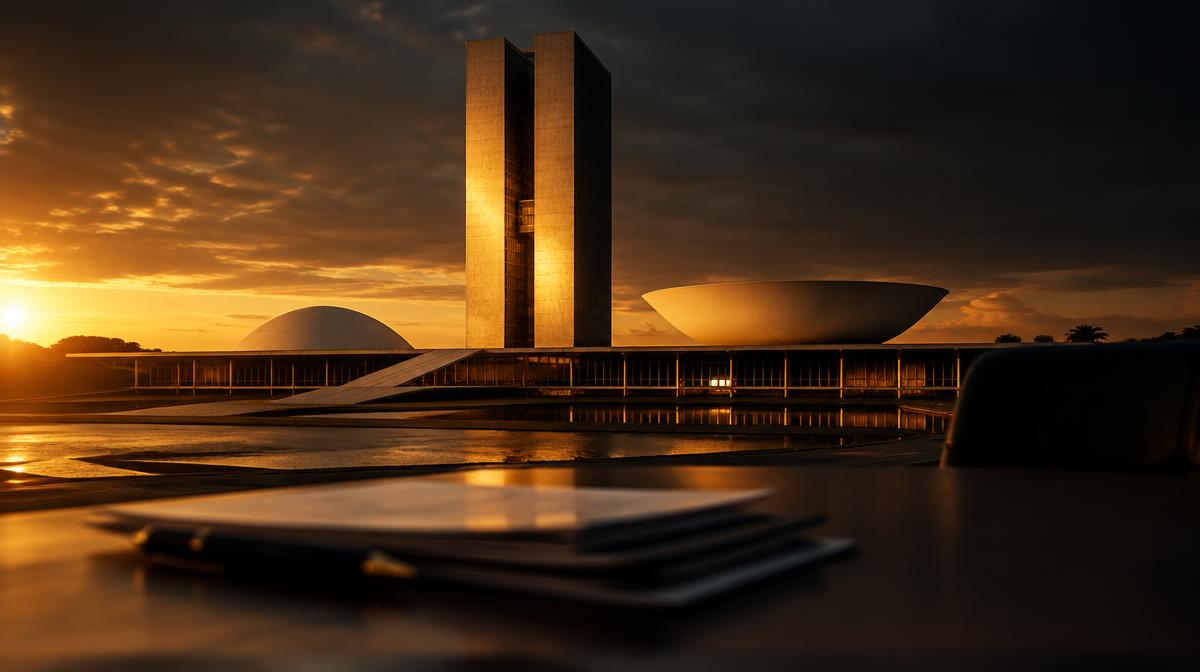 Congresso Nacional em Brasília ao entardecer, com documentos em primeiro plano